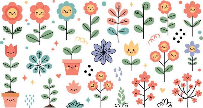 Cute smiling flower set with colorful blossoms, potted plants, leaves, and kawaii floral characters in cheerful vector illustration style