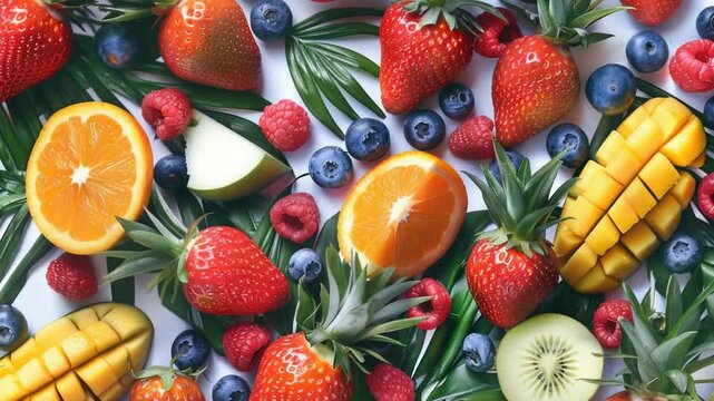 Video A colorful arrangement of fresh fruits on a white surface, perfect for food or marketing materials quality footage