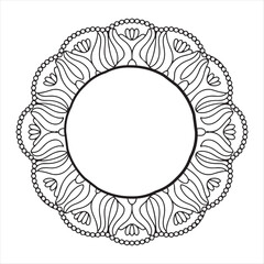 Black and White Mandala Frame with Floral Elements and Beaded Border - Stock Vector
