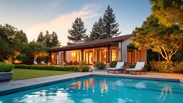 Beautiful suburban house with pool and garden at sunset, showcasing vibrant colors and serene outdoor living space