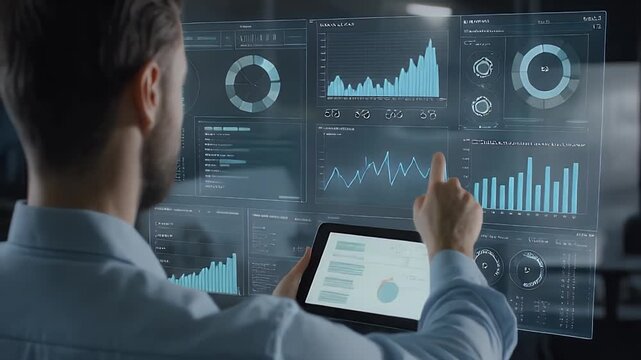 Professional analyzes complex business economy data on a futuristic screen, interpreting upward arrow charts and dynamic growth graphs to visualize market increase for optimized strategy