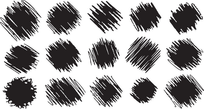 Brush lines set. Vector black paint brush spots, highlighter lines or felt-tip pen marker. Ink smudge abstract shape stains and smear set with texture 