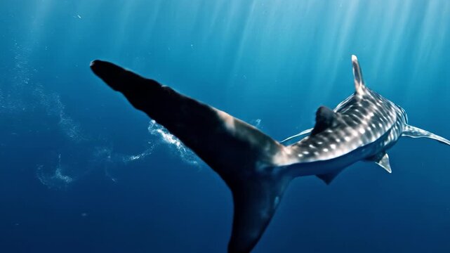 Whale shark ocean underwater marine sea blue wildlife nature aquatic giant fish swimming peacefully deep tropical clear water, gentle white spot pattern glowing through sunlight above near reef