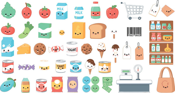 Cute grocery store food character set with fruits, snacks, dairy, drinks, shopping cart, cashier, and kawaii supermarket illustration pack