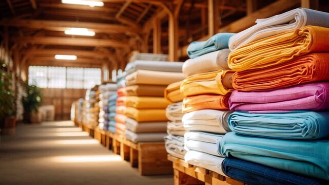 Colorful fabric rolls stacked neatly in a spacious warehouse, showcasing vibrant hues and organized display in a well-lit interior