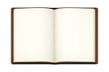 Open book with blank pages for text or design, old brown leather cover, transparent background, mock up