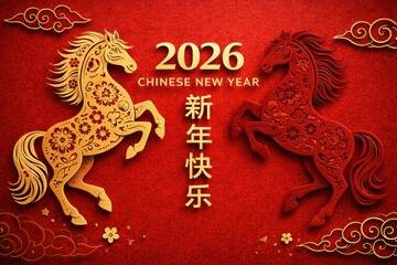 Chinese New Year 2026 zodiac horse gold red celebration art background
