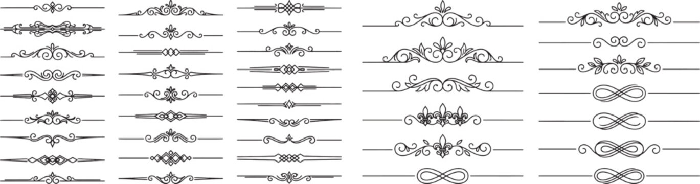 Decorative dividers, elegant line art, ornamental borders, vintage separators, floral accents, whimsical designs, creative embellishments, graphic elements, black vector patterns, design resources