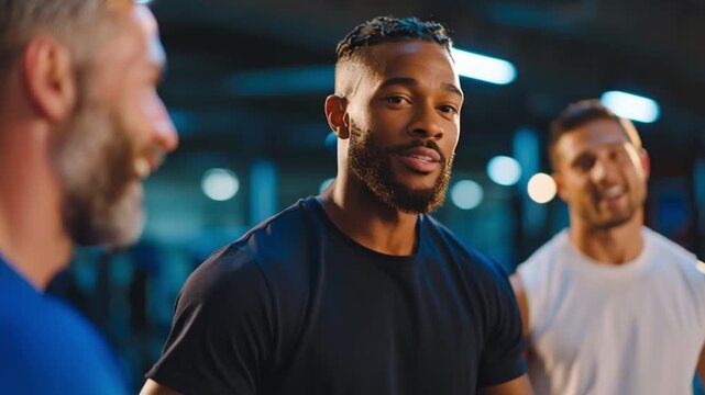 African American man engages in conversation with friends in a gym setting, showcasing camaraderie and motivation among fitness enthusiasts