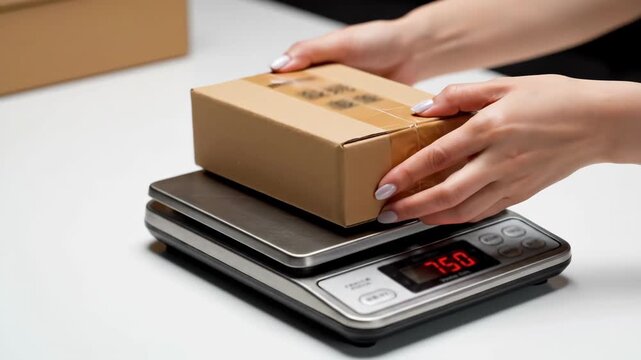 Close up shipping workstation shot shows hands placing sealed cardboard parcel onto digital scale, checking weight reading on electronic display for postage and logistics calculation.