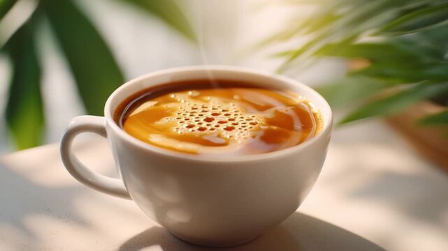 Coffee being poured into a white cup, showcasing the rich color and frothy surface, with green leaves in the background for a natural setting