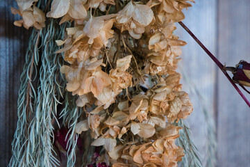 壁に吊るされた綺麗なドライフラワーリース