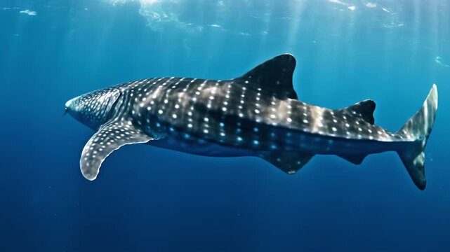 Whale shark marine ocean underwater wildlife sea fish blue tropical nature majestic giant swimming deep blue water sunlight rays streaming through clear tropical sea aquatic life swims peacefully