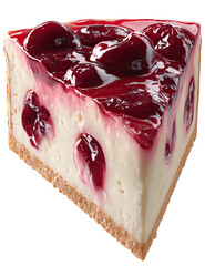 Cheesecake slice topped with glazed cherries, graham cracker crust