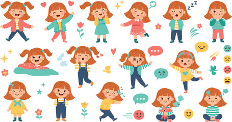Fototapeta premium Cute girl character set with various emotions, facial expressions, outfits, poses, and playful cartoon kids illustration collection