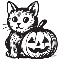 Obraz premium Cute Halloween Cat With Pumpkin – Kawaii Jack O Lantern Cartoon