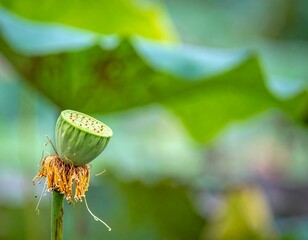 Lotus Seed Head Against Greenery - A Study in Natures Cycle.