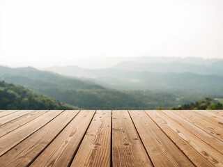 Naklejka premium Empty wooden table with blurred mountain landscape in the background. Natural outdoor scene with copy space for product display or presentation.