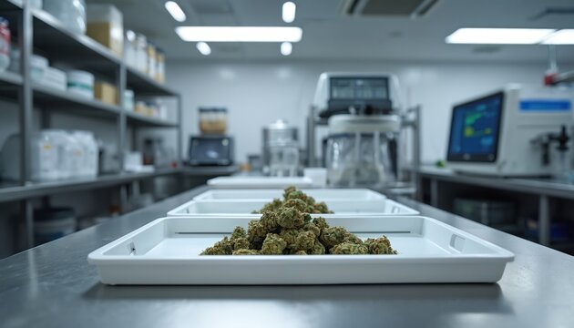 Cannabis buds sit in trays on a laboratory counter next to modern processing and digital equipment. Plants are prepared for quality control and distribution in a clean facility.