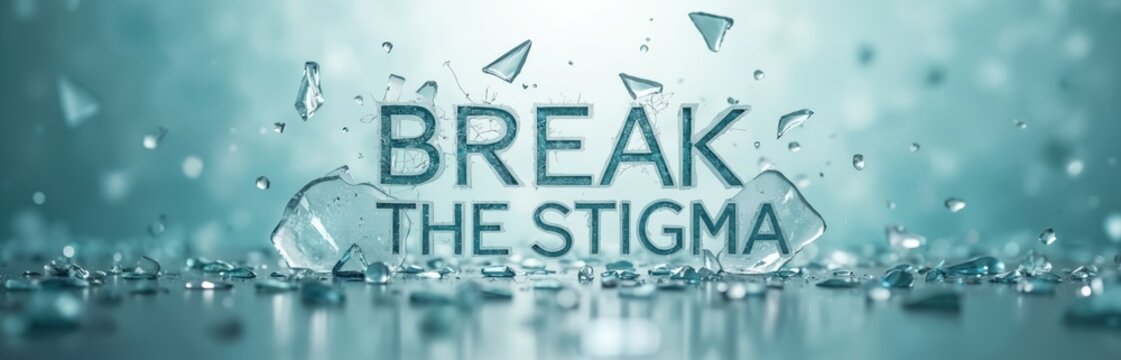 Text Break the Stigma shatters like glass symbolizing overcoming social barriers and promoting mental health awareness. Fragments fly outward. Clear communication.