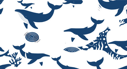 Minimal navy whale pattern with ocean animals, waves, coral, and modern marine seamless background in monochrome vector style © Sanjida