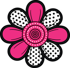 Pink and black flower illustration with polka dot petals white