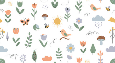Cute spring floral pattern with birds, butterflies, bees, mushrooms, sunshine, clouds, and pastel nature elements in seamless background