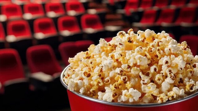 Delicious buttery popcorn in a red cup, ready for movie night in a theater with empty seats in the background.