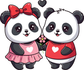 Two cute cartoon pandas holding a flower with hearts above them bear animal