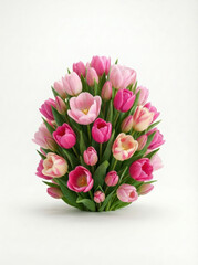 Fototapeta premium Egg-shaped arrangement of pink tulips, spring floral centerpiece on white
