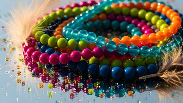 A vibrant collection of colorful beaded bracelets with feathers and glitter