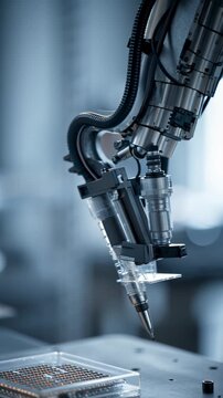 Robotic arm precisely dispensing liquid onto a microplate in a lab