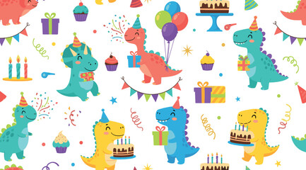 Naklejka premium Cute birthday dinosaur pattern with party hats, cakes, balloons, gifts, confetti, and colorful festive seamless background for kids