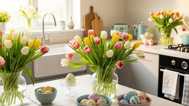 A Bright and Cheerful Spring Kitchen Filled with Colorful Tulips and Easter Eggs, Perfect for Celebrating the Season of Renewal and Joy in a Cozy Home Setting