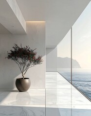 Minimalist Interior with Ocean View and Bonsai Tree.