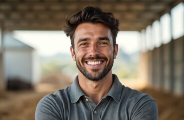 Obraz premium Smiling farmer with beard stands outdoors at farm. He wears casual clothes and looks with confidence at camera. Man works in agriculture, satisfied with his rural business.
