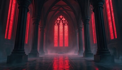 Obraz premium Gothic hall interior features large red stained glass windows illuminating the misty atmosphere. Dark columns stand in vast stone chamber with dramatic lighting and mysterious ambiance.