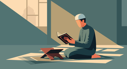 Obraz premium Geometric Illustration of Muslim Man Reading Religious Book in Mosque