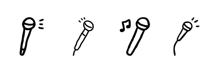Microphone Line Icon Set In Doodle Style. Music Performance, Singing, And Audio Recording Outline Sketch Collection. Hand Drawn Isolated Vector Illustration
