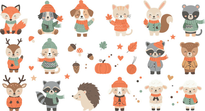 Cute autumn woodland animals vector set with fox, bear, raccoon, deer, hedgehog, pumpkins, acorns, cozy sweaters, and fall cartoon characters