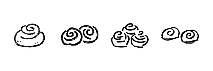 Cinnamon Roll Line Icon Set In Doodle Style. Bakery, Pastry, And Dessert Illustration Outline Sketch Collection. Sweet Treats And Breakfast Delights. Hand Drawn Isolated Vector Illustration
