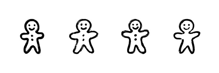Gingerbread Man Line Icon Set In Doodle Style. Festive Holiday Cookie, Christmas Decoration, And Baking Symbol Outline Sketch Collection. Hand Drawn Isolated Vector Illustration