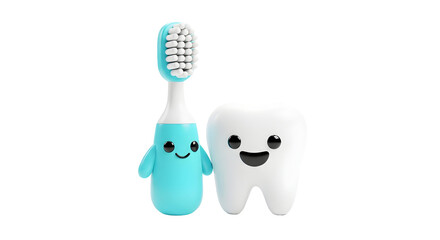 Fototapeta premium Cartoon toothbrush and tooth characters with playful expressions on transparent background