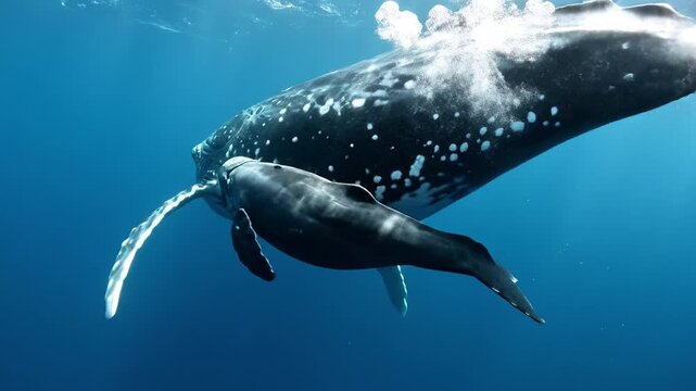 Mother whale with young calf underwater in deep blue ocean sea, graceful humpback whale family, peaceful marine wildlife nature scene, majestic aquatic mammal duo gliding through clear water