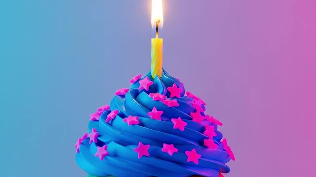 Colorful Birthday Cupcake with Blue Frosting and Star Sprinkles Topped with a Candle Against a Gradient Background