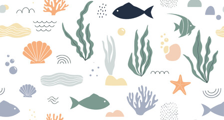 Obraz premium Minimal pastel ocean pattern vector set with fish, coral, seaweed, shells, starfish, abstract waves, and modern underwater decorative elements