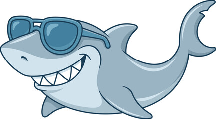 Obraz premium Cool smiling cartoon shark wearing sunglasses vector illustration isolated on white background for kids branding mascot logos summer fun design projects advertising