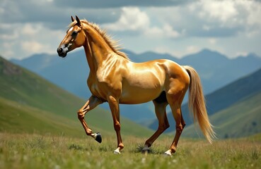 Obraz premium Golden Akhal-Teke horse walks gracefully in a mountain meadow. This beautiful purebred mare has a shiny coat. It is a rare, athletic animal enjoying freedom on green summer pasture under a blue sky.