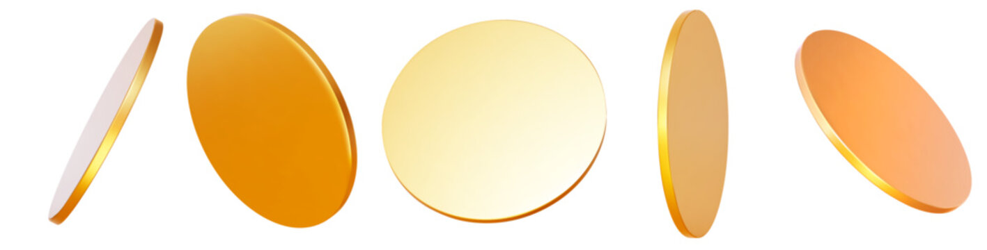 3d golden coin, disk, podium or shape element with different angles. Gold circle figure. Metal abstract element. Stock vector illustration on isolated background.