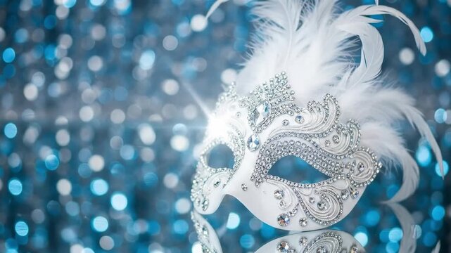 Intricate White Feathered Masquerade Mask Sparkling Against a Blue Bokeh Background, Perfect for Festive Occasions and Themed Events
